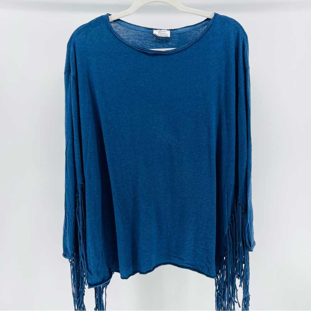 ZARA Dramatic Fringe Long Sleeve Top in Blue, Women’s Medium